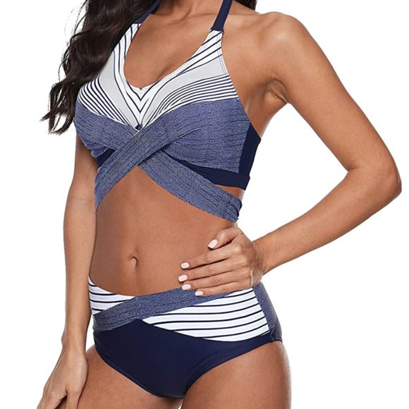 Sz M 2 Piece High Waisted Halter Bikini Top Criss Cross Bathing Suits X002JEHFP9 - Picture 2 of 4